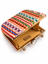 Multicolor Satrang casket clutch bag by THE TAN CLAN with intricate design and compact size, perfect for special occasions.