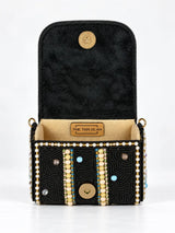 Black hand-embroidered mini flap purse by THE TAN CLAN with intricate embroidery and compact design.