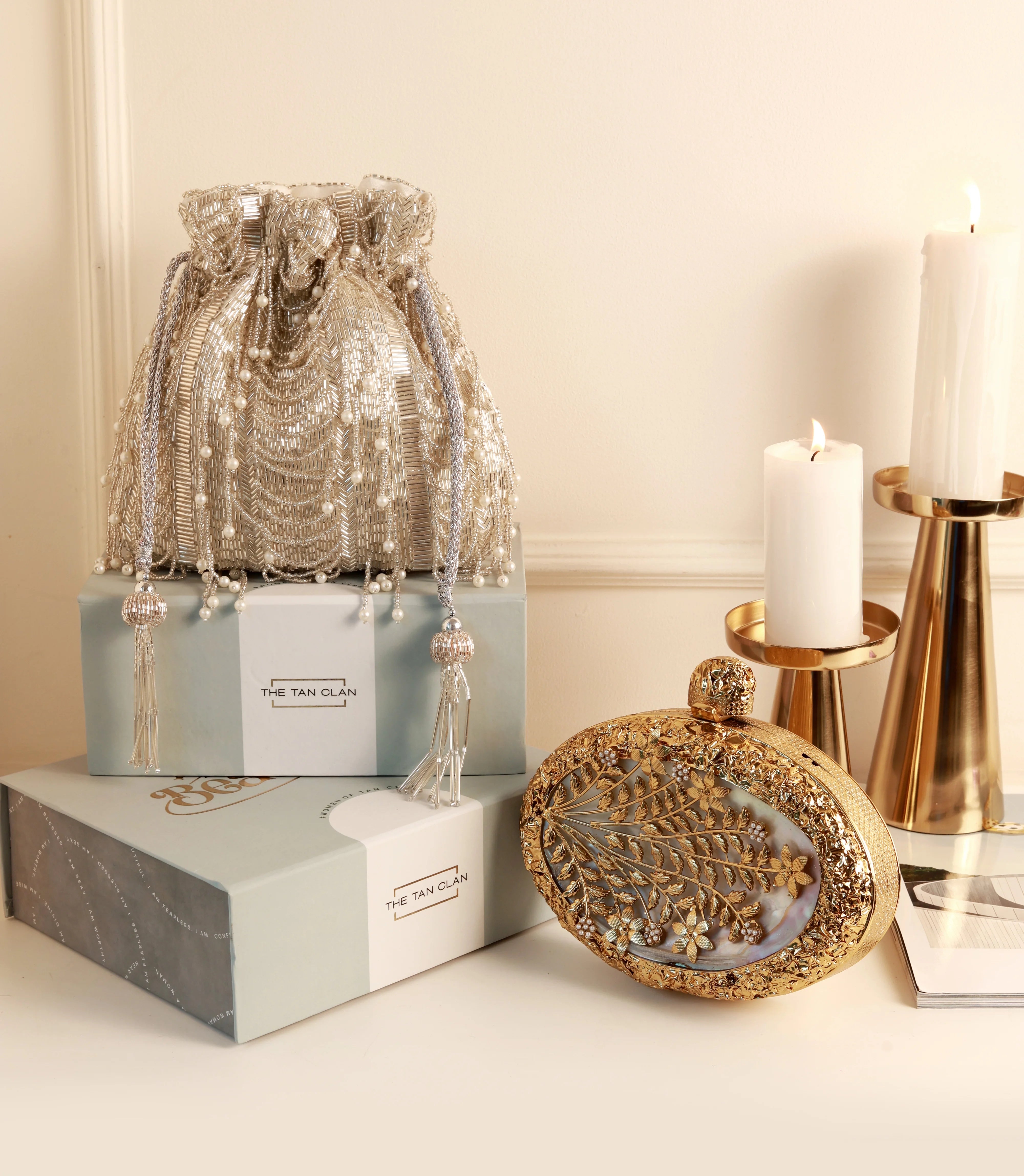 Noor Combo- Noor Mother of Pearl Clutch and Sharda Silver Potli Bag