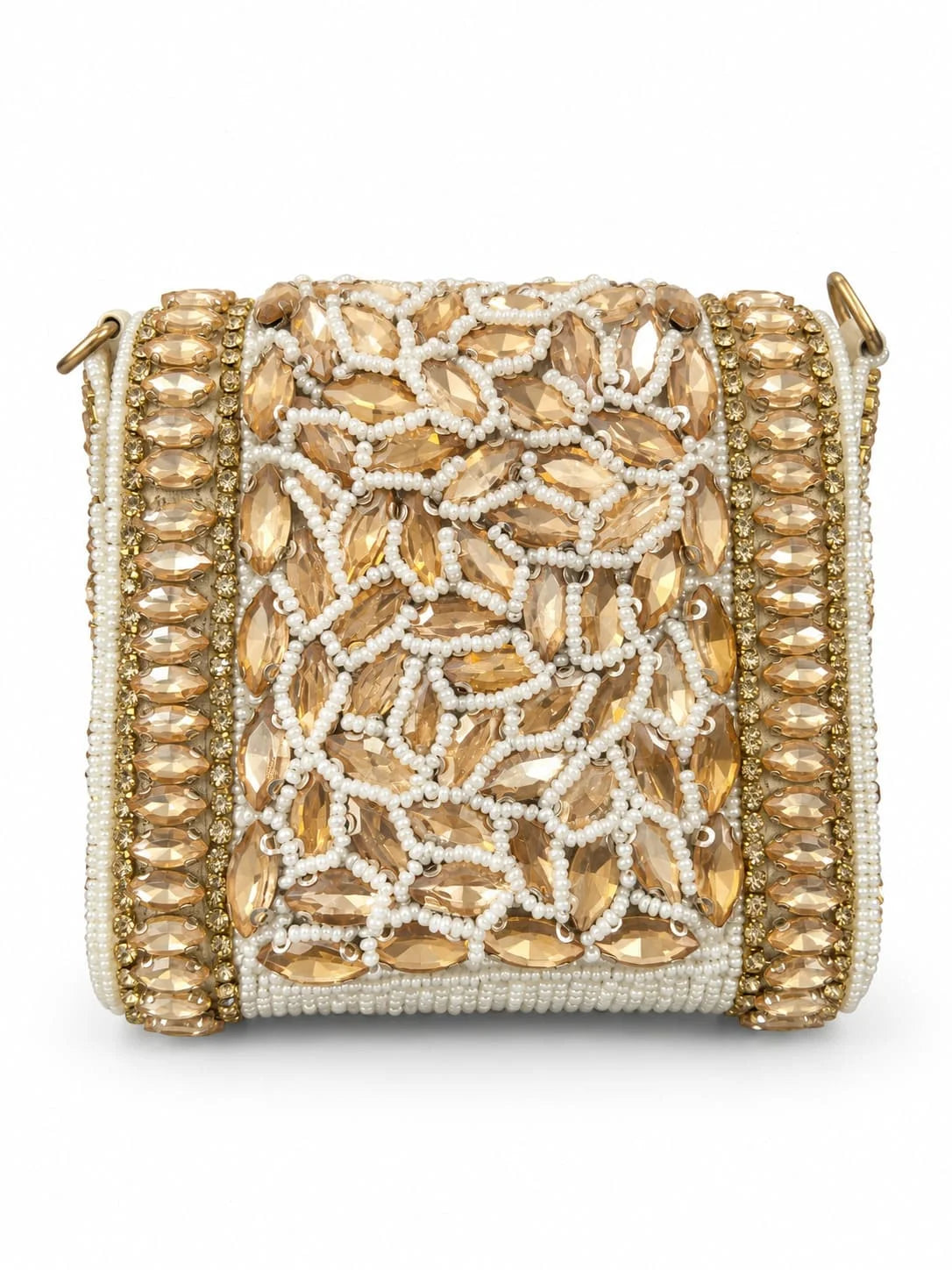Zeenat Gold Beaded Mini Flap bag by THE TAN CLAN with intricate beadwork and compact design, perfect for stylish accessories.