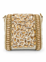 Zeenat Gold Beaded Mini Flap bag by THE TAN CLAN with intricate beadwork and compact design, perfect for stylish accessories.