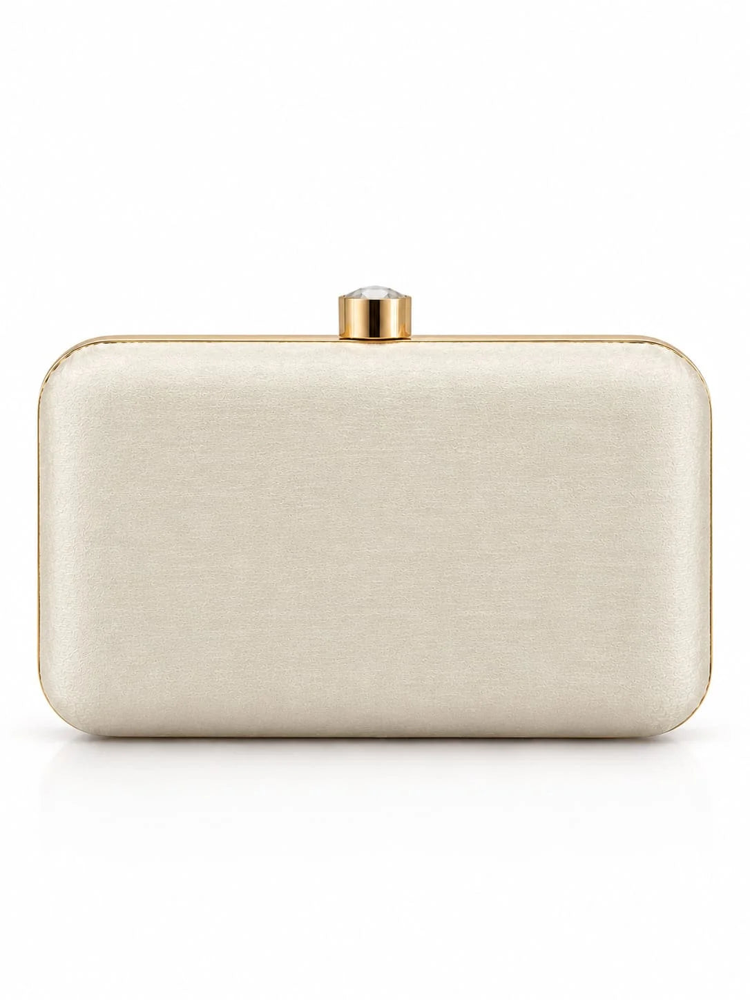 Zara Pearl Box Clutch by THE TAN CLAN featuring a white pearl-encrusted exterior and a sleek, structured design.