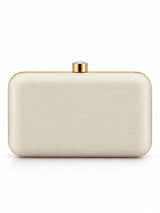 Zara Pearl Box Clutch by THE TAN CLAN featuring a white pearl-encrusted exterior and a sleek, structured design.
