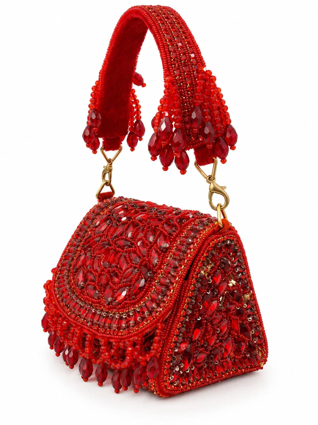 Red beaded mini flap bag from THE TAN CLAN featuring intricate beadwork and a compact, stylish design.