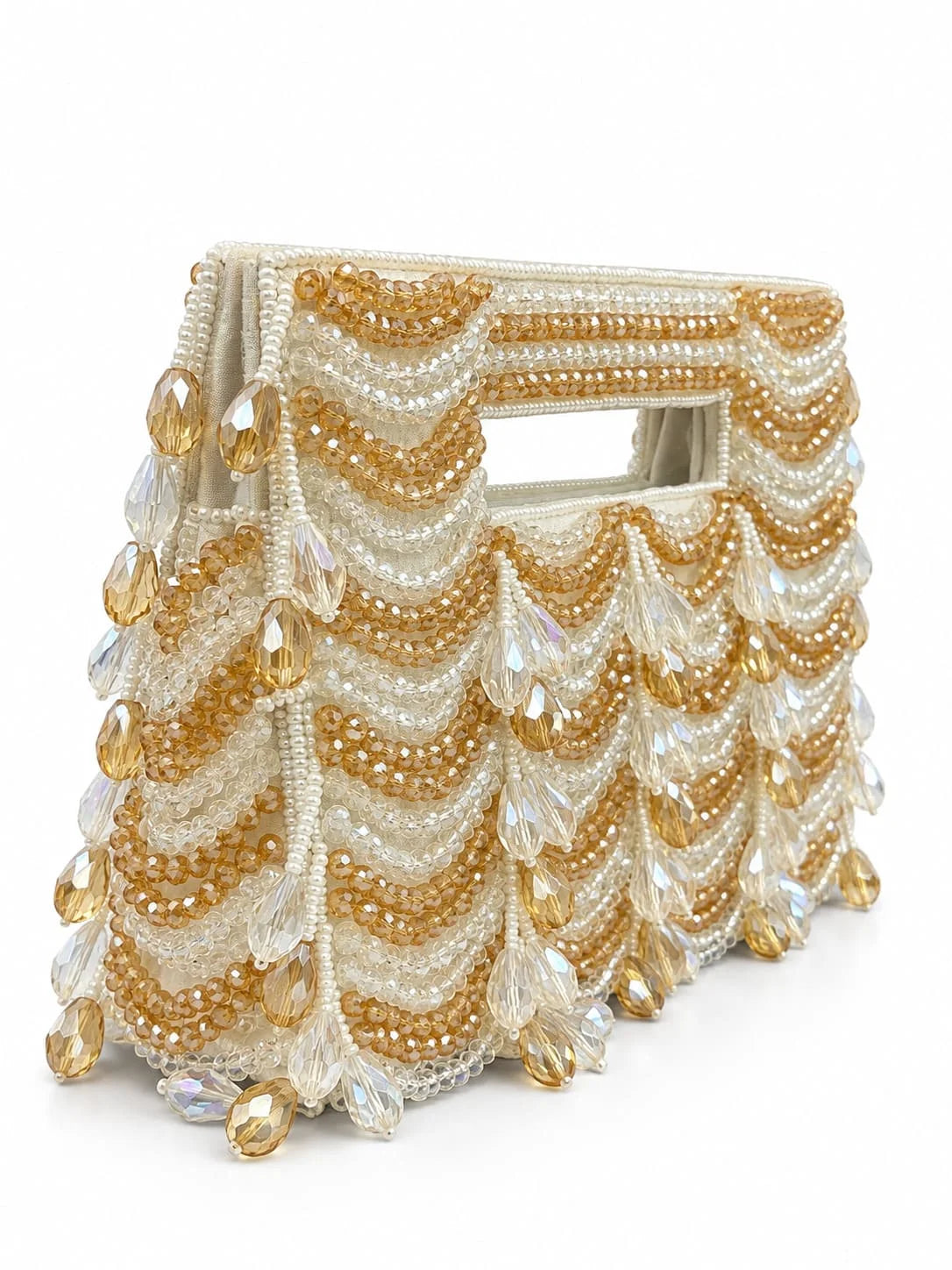 Lara white handcrafted beaded bag by THE TAN CLAN featuring intricate beadwork and a compact design.