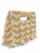 Lara white handcrafted beaded bag by THE TAN CLAN featuring intricate beadwork and a compact design.