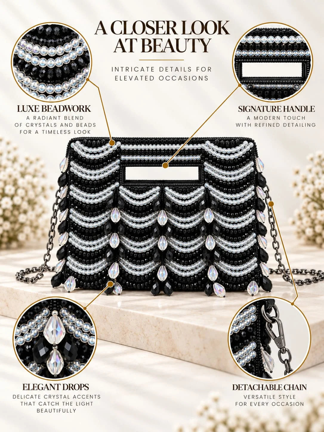 Lara Black Handcrafted Beaded Bag by THE TAN CLAN showing intricate beaded design and compact size with a wrist strap.