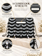 Lara Black Handcrafted Beaded Bag by THE TAN CLAN showing intricate beaded design and compact size with a wrist strap.