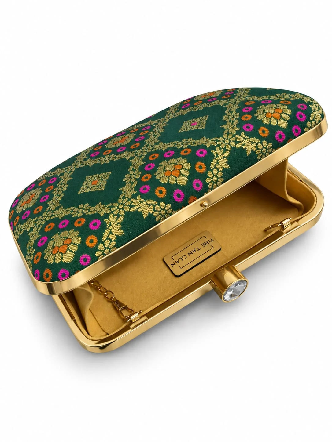 Dark green Mahi box clutch bag from THE TAN CLAN with a sleek, structured design and gold-tone clasp.