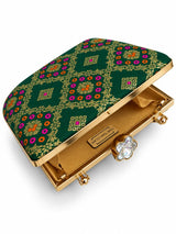 Dark green Mahi casket clutch bag by THE TAN CLAN with a sleek, elegant design and subtle detailing for special occasions.