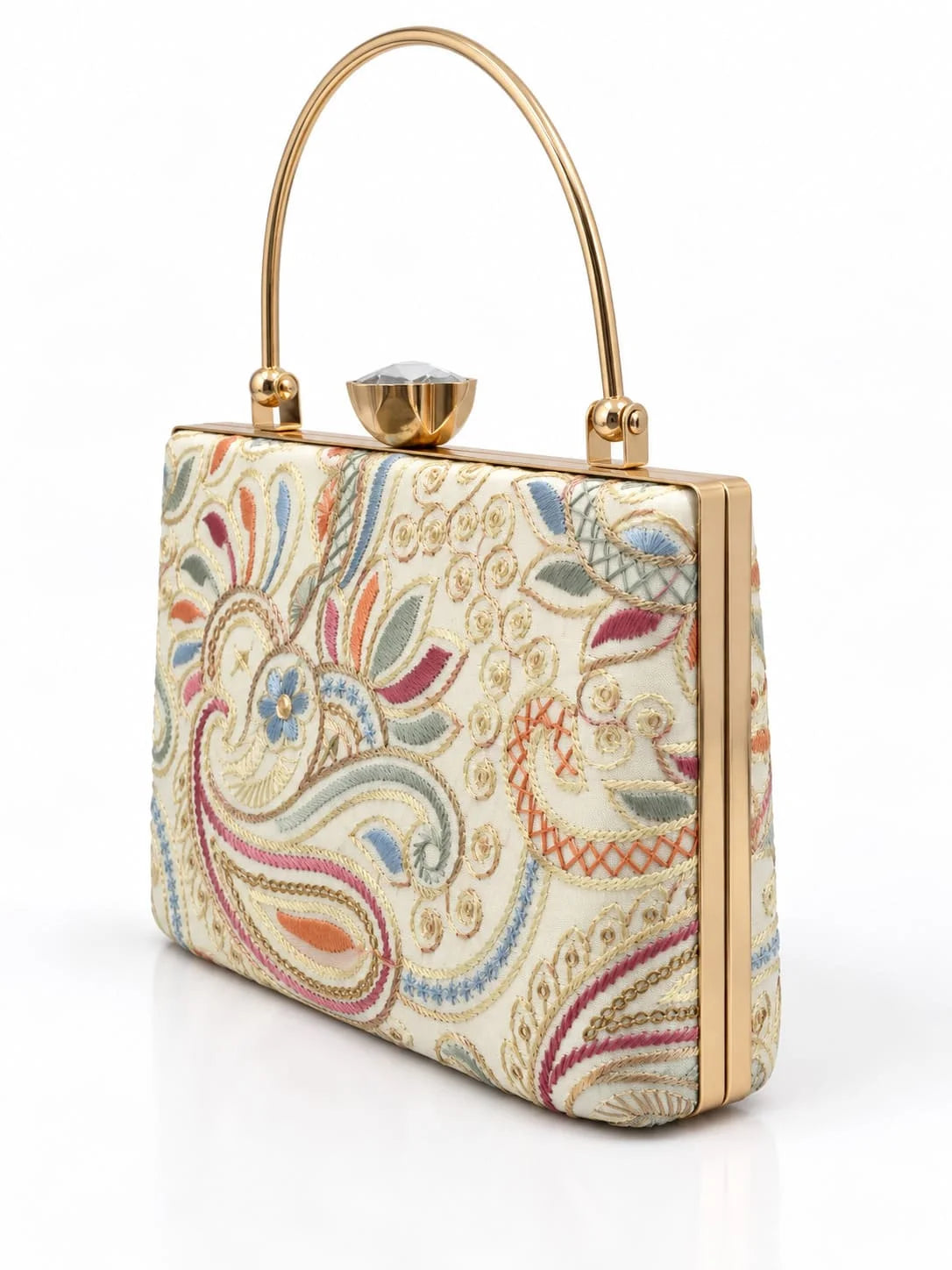 Kalki Casket embroidered clutch by THE TAN CLAN featuring intricate embroidery and a compact, elegant design for special occasions.