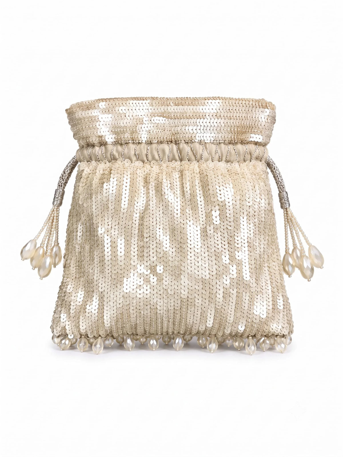 Rooh white sequined tasselled potli bag with intricate embroidery and hanging tassels, crafted by THE TAN CLAN.