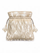 Rooh white sequined tasselled potli bag with intricate embroidery and hanging tassels, crafted by THE TAN CLAN.