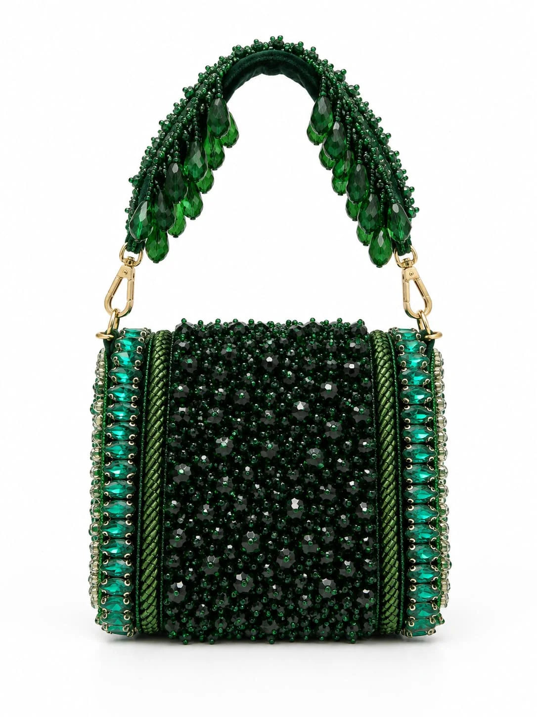 Zeenat green beaded mini flap bag by THE TAN CLAN with intricate beaded design and small compact shape.