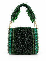 Zeenat green beaded mini flap bag by THE TAN CLAN with intricate beaded design and small compact shape.