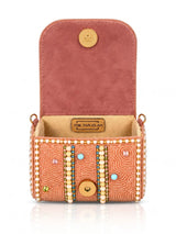 Hand embroidered Basra Peach mini flap bag by THE TAN CLAN featuring intricate embroidery and a compact, stylish design.