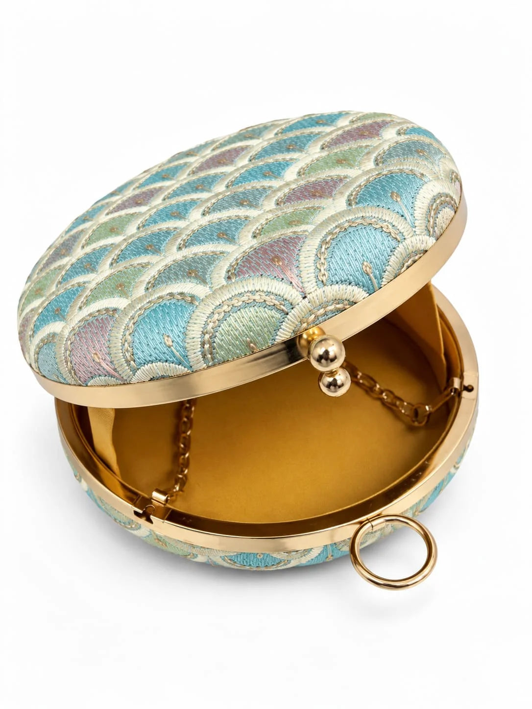 Veda round embroidered clutch bag by THE TAN CLAN featuring intricate embroidery and a compact, stylish design.