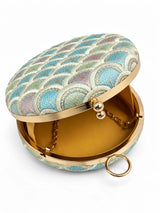 Veda round embroidered clutch bag by THE TAN CLAN featuring intricate embroidery and a compact, stylish design.