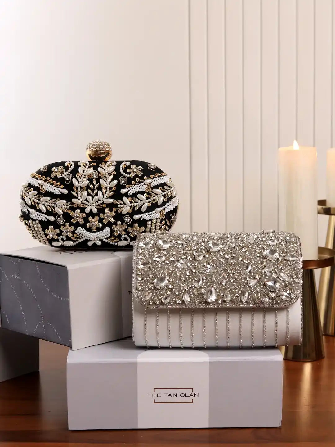 Elizah Combo - Grace White Flap Bag and Elizah Zardozi Black Clutch