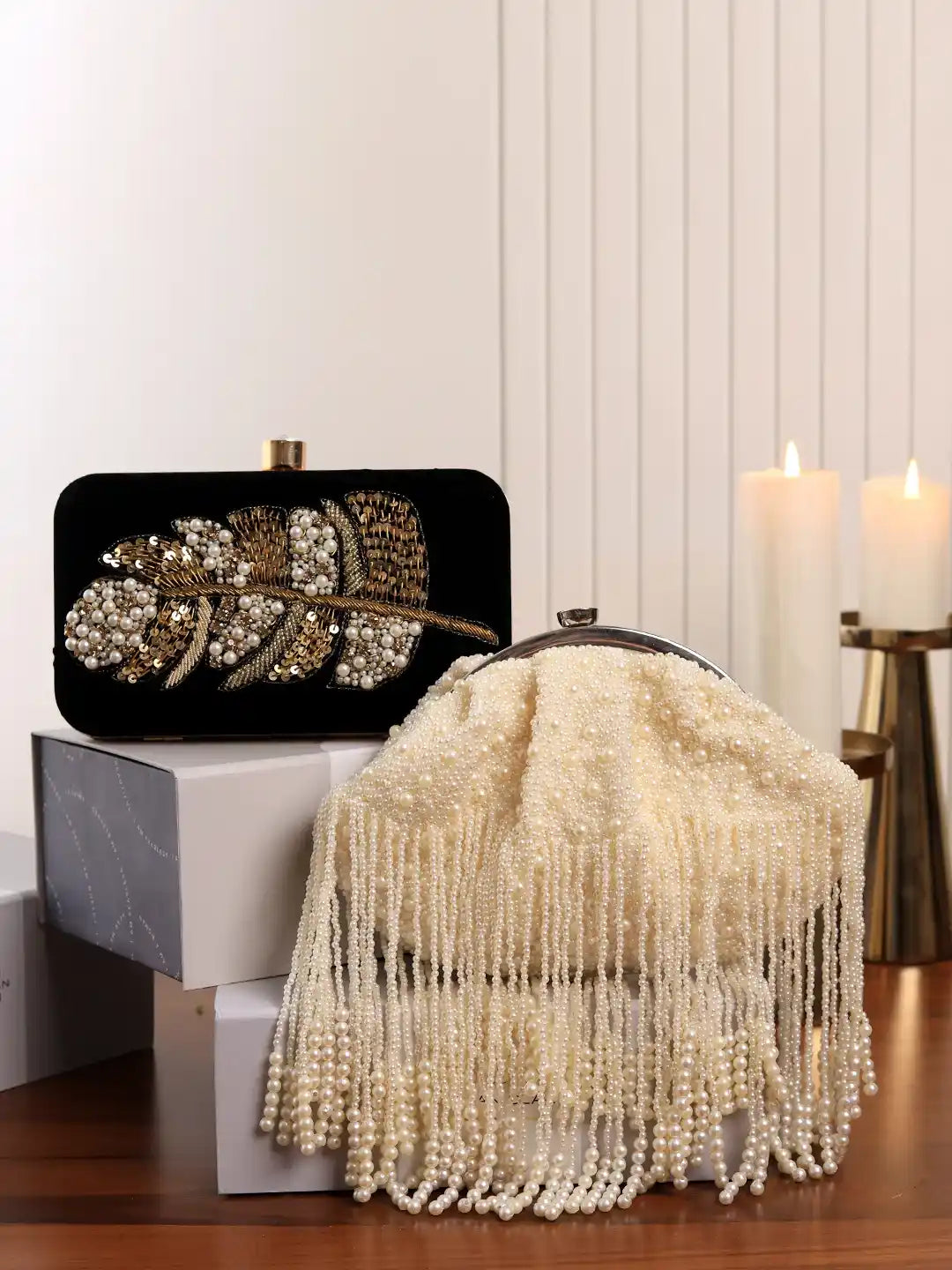 Afrah Pearl Combo - Afrah Black Embroidered Clutch and Pearl Batua Bag