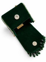 Zeenat green beaded mini flap bag by THE TAN CLAN with intricate beadwork, compact design, and a mini flap closure.