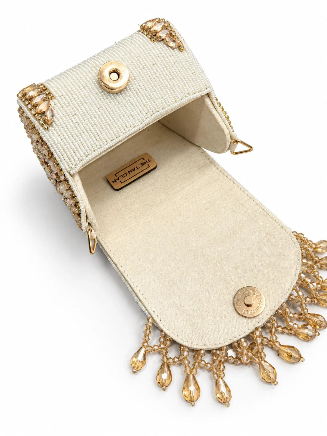 Zeenat Gold Beaded Mini Flap bag by THE TAN CLAN featuring intricate beading and a compact, stylish design.