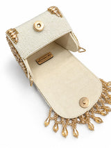 Zeenat Gold Beaded Mini Flap bag by THE TAN CLAN featuring intricate beading and a compact, stylish design.