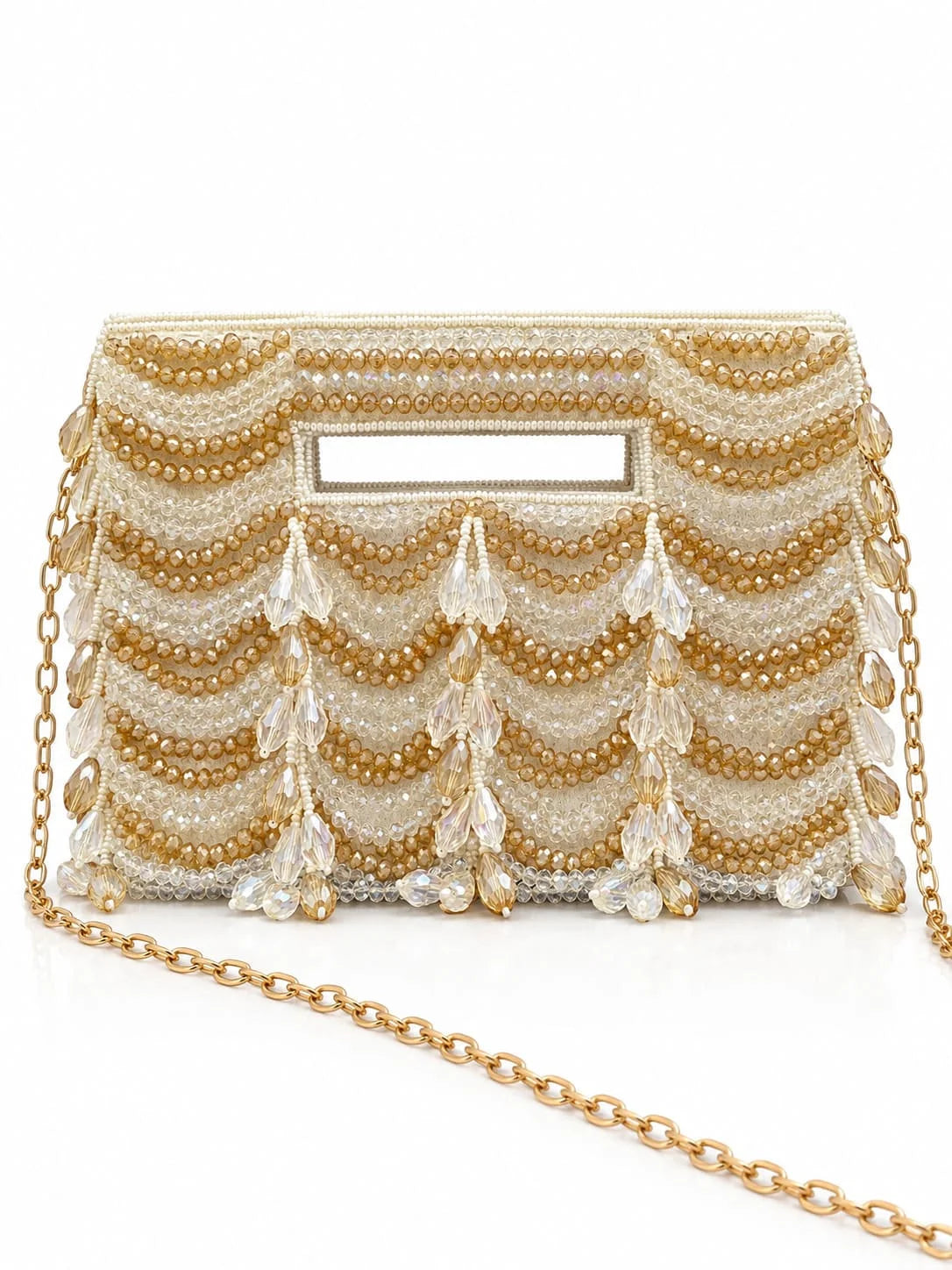 Lara White Handcrafted Beaded Bag by THE TAN CLAN, featuring intricate beading and a compact design for elegant use.
