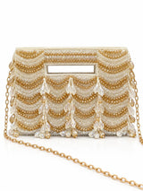 Lara White Handcrafted Beaded Bag by THE TAN CLAN, featuring intricate beading and a compact design for elegant use.