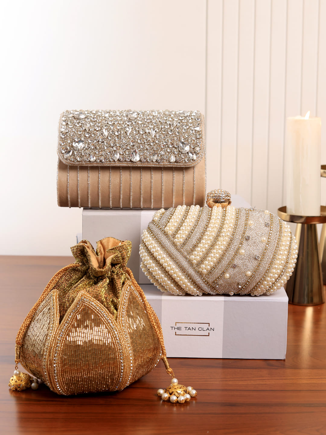 Set of three modern bridal accessories from THE TAN CLAN, featuring stylish and essential items for the modern bride.