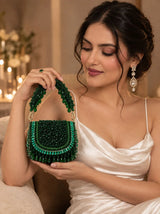 Zeenat green beaded mini flap bag by THE TAN CLAN featuring intricate beadwork and a compact design for stylish carrying.