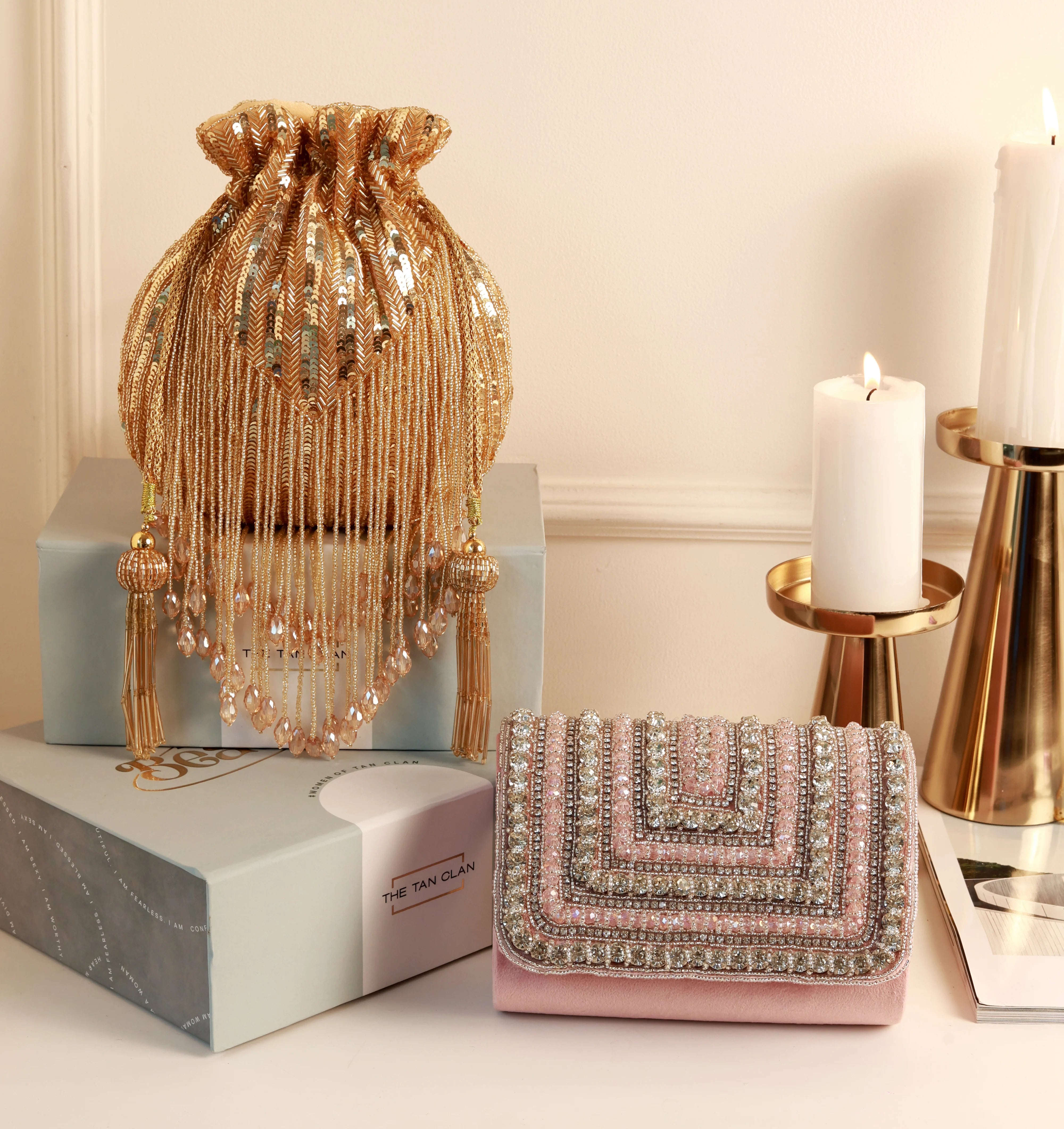 Utsav - Twinkle Gold Potli & Nysa Pink Flap Bag Combo