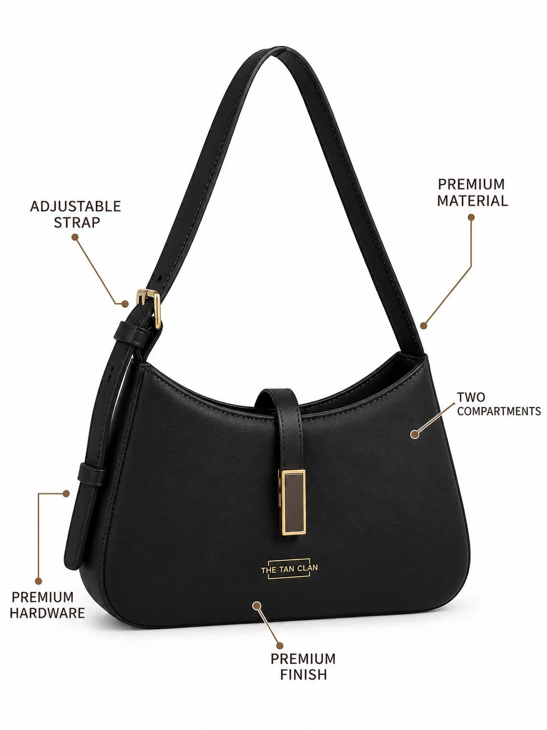 Black textured Dune shoulder bag with adjustable strap by THE TAN CLAN, featuring a sleek baguette style and modern design.