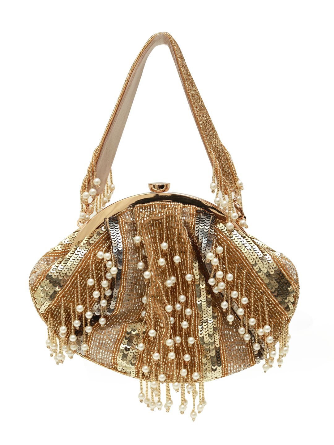 A gold pearl Batua bag from The Tan Clan with intricate detailing, perfect for traditional or festive occasions.