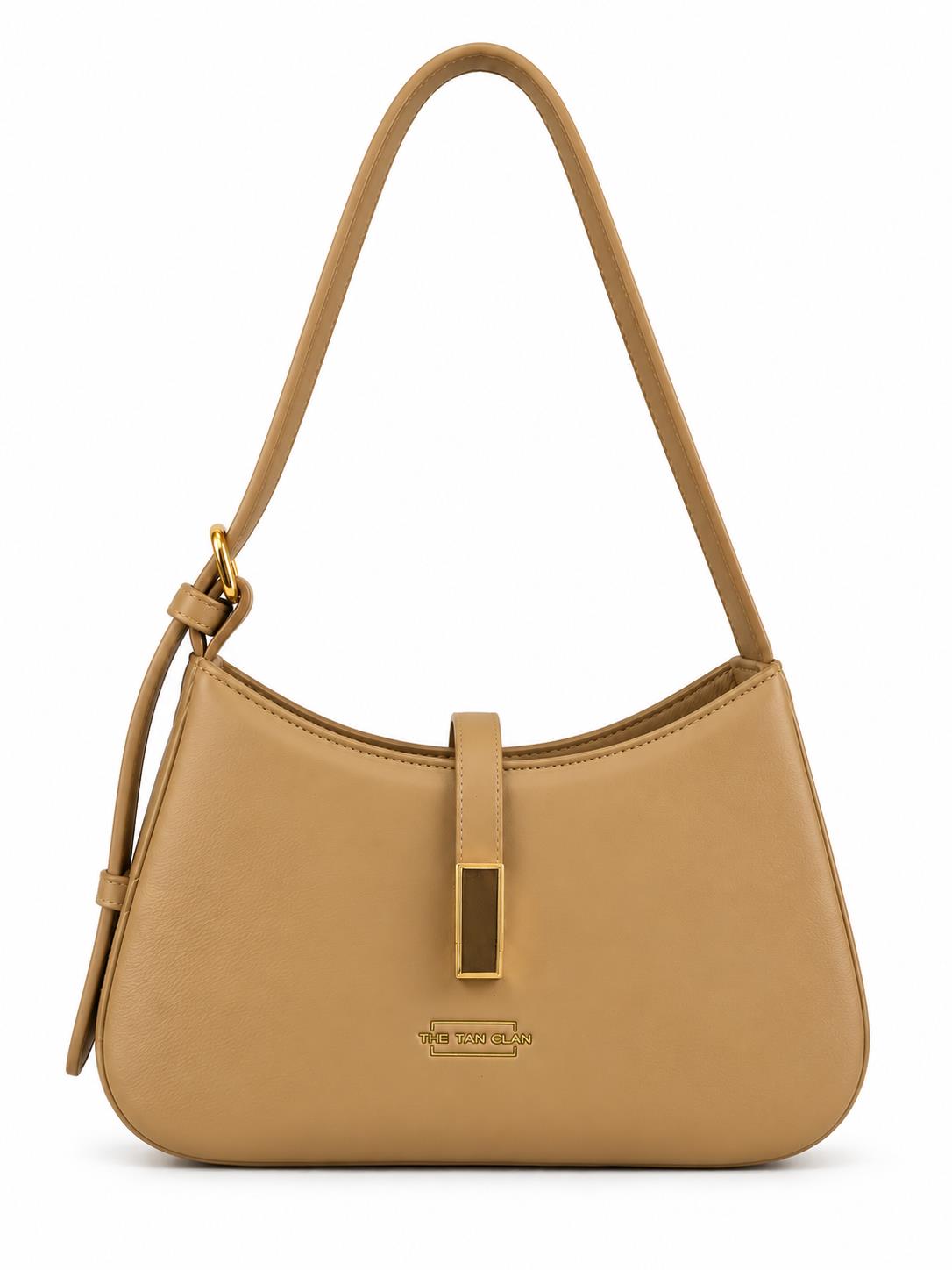 Beige leather Dune Camel textured baguette shoulder bag with gold accents and adjustable strap from THE TAN CLAN.
