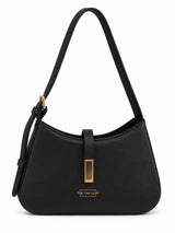 Black textured leather shoulder bag with gold clasp and adjustable strap from THE TAN CLAN.