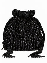 Black beaded Rosa black potli bag with handle from The Tan Clan, featuring intricate beadwork and soft highlights.