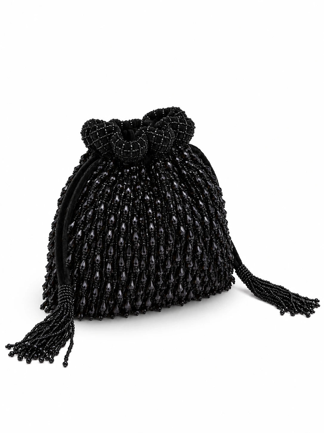Black beaded Rosa black potli bag with handle and tassels from The Tan Clan, featuring intricate beadwork and traditional design.