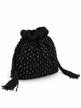 Black beaded Rosa black potli bag with handle and tassels from The Tan Clan, featuring intricate beadwork and traditional design.