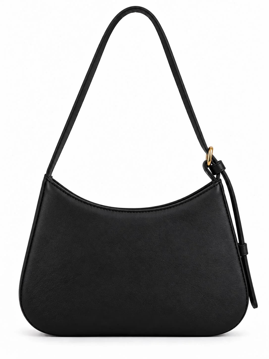 Black textured Dune baguette shoulder bag with adjustable strap and crescent shape, back view image.