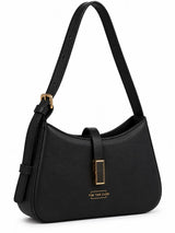 Black textured Dune shoulder bag with gold hardware and adjustable strap, stylish crescent-shaped design by THE TAN CLAN.