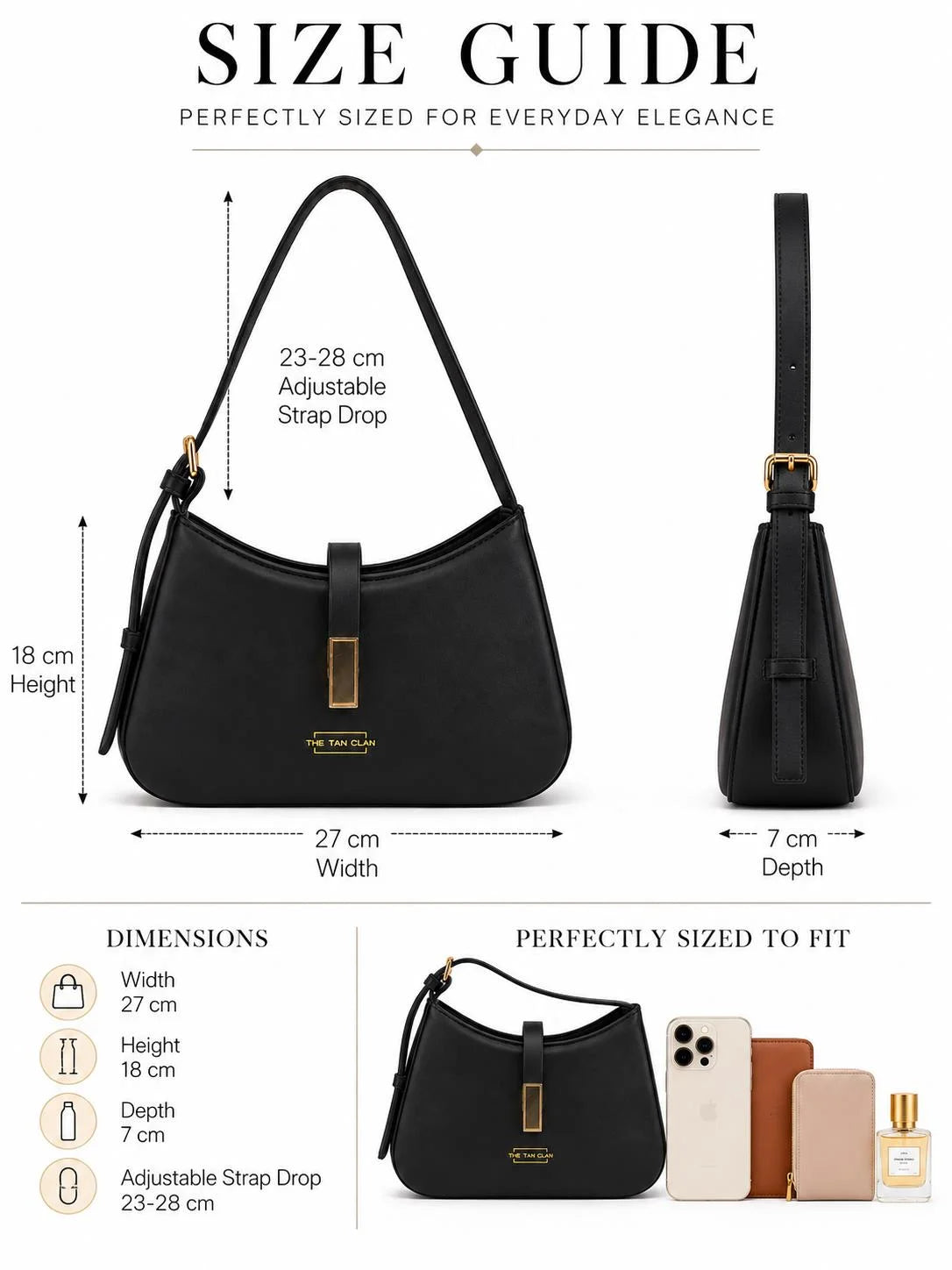 Black textured Dune Baguette shoulder bag with adjustable strap from THE TAN CLAN, shown with size guide.