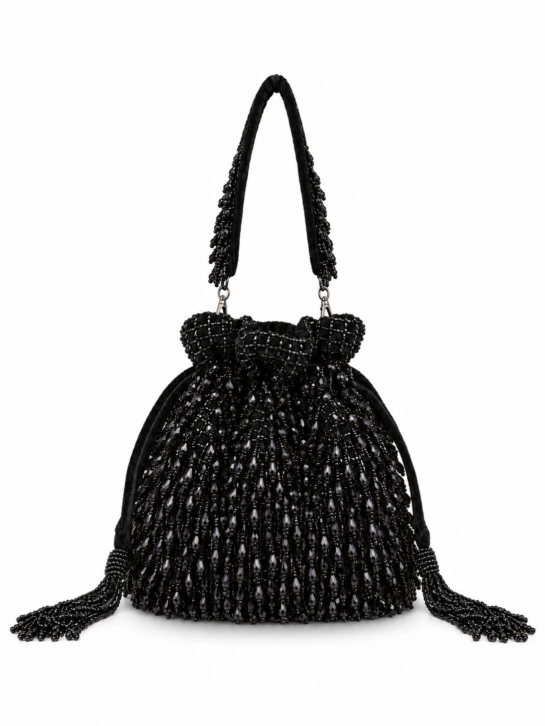 Black beaded Rosa Black Potli Bag with handle by The Tan Clan, featuring intricate beadwork and a stylish, traditional design.