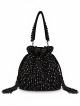 Black beaded Rosa Black Potli Bag with handle by The Tan Clan, featuring intricate beadwork and a stylish, traditional design.