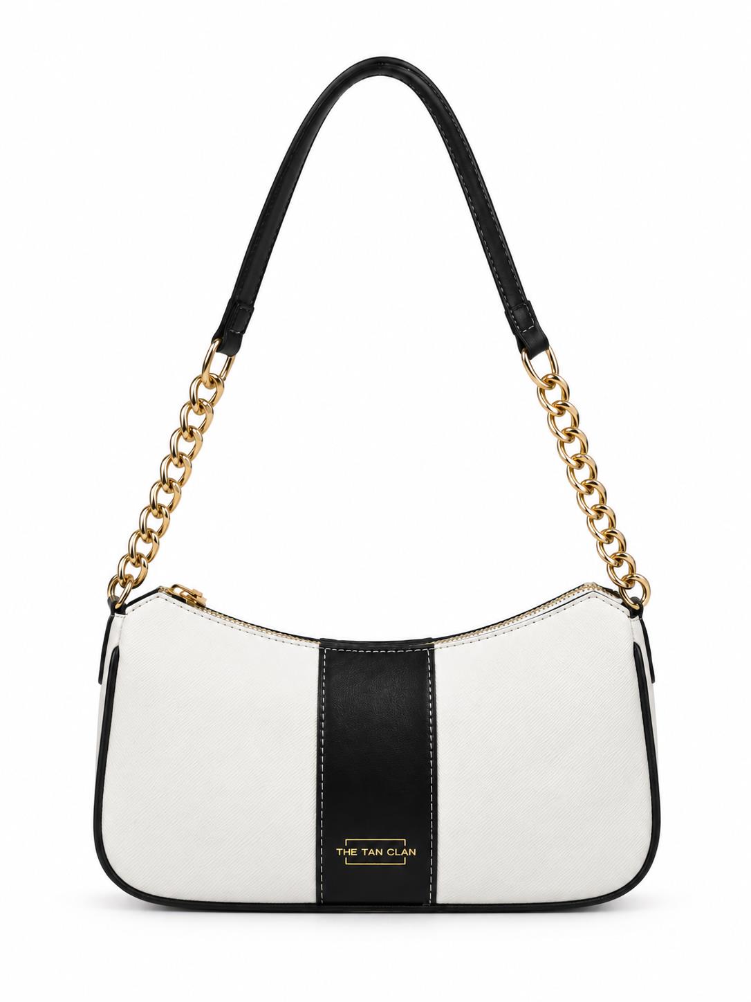 Elle Black colorblock chain strap shoulder bag with crescent shape and gold chain detail, stylish accessory by THE TAN CLAN.