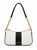 Elle Black colorblock chain strap shoulder bag with crescent shape and gold chain detail, stylish accessory by THE TAN CLAN.