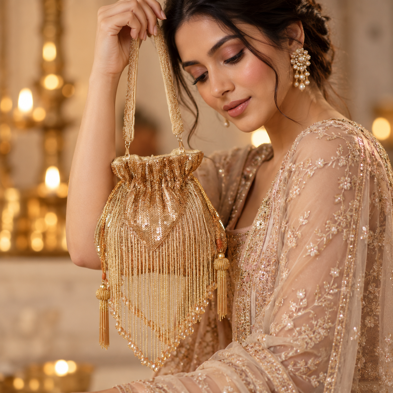 Gold Twinkle heavy tassels potli bag with handle by The Tan Clan, featuring intricate embroidery and traditional design.