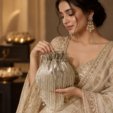 THE TAN CLAN Twinkle Heavy Tassles Potli with Handle - Silver DBP