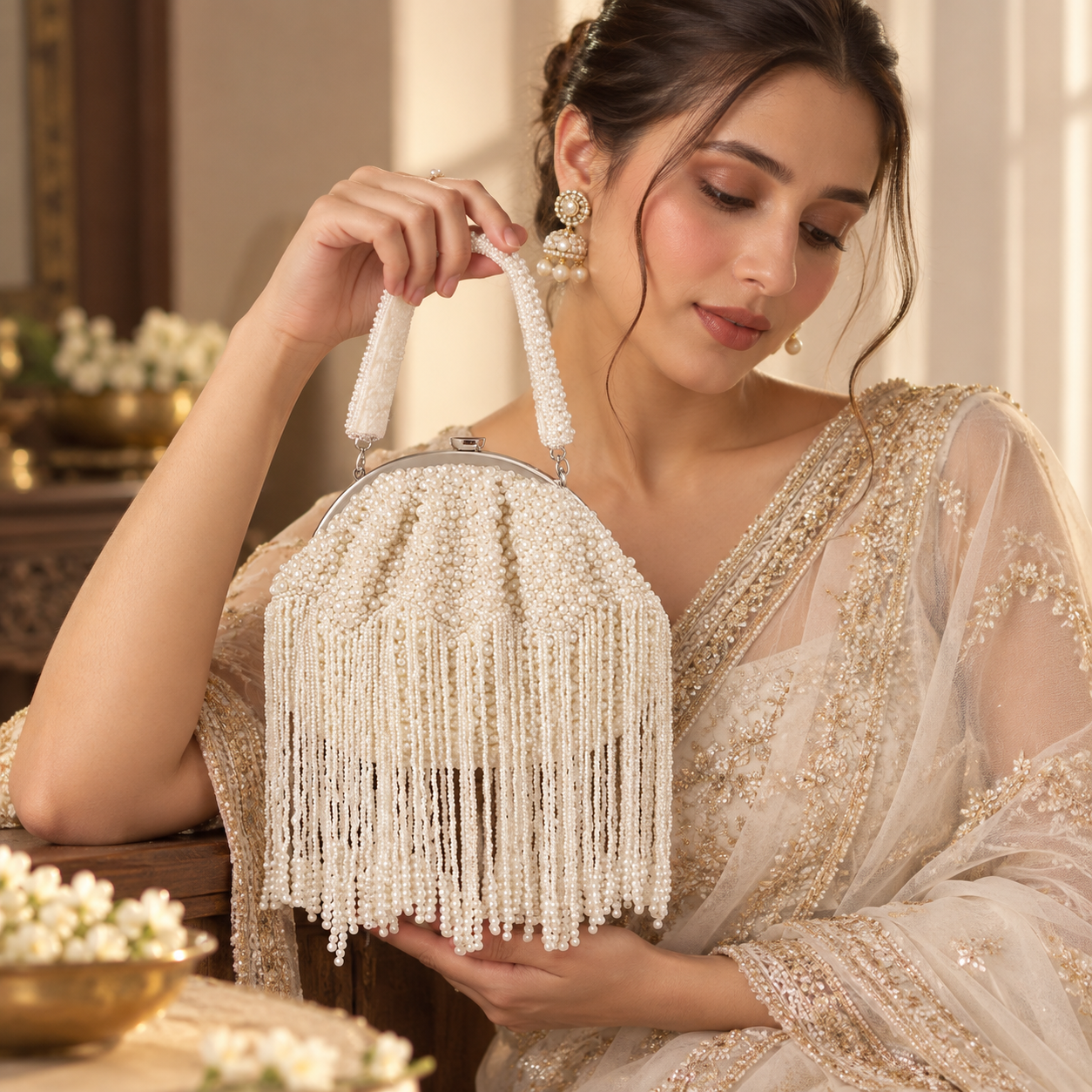Pearl Batua bag with tassels from The Tan Clan, featuring a stylish design with pearl embellishments and decorative tassels.