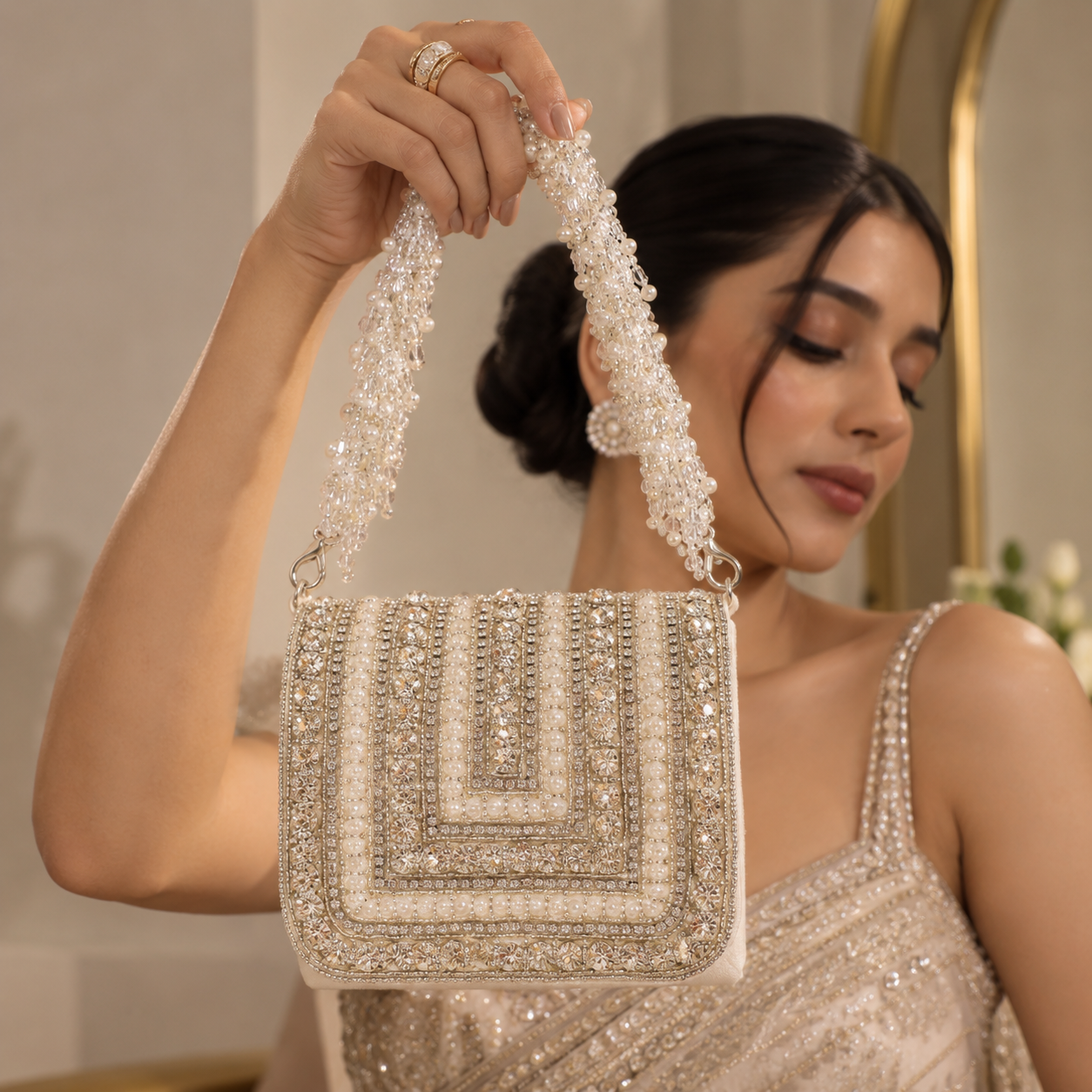White mini bag with embroidered handle from The Tan Clan's Nysa collection, featuring a stylish and compact design.